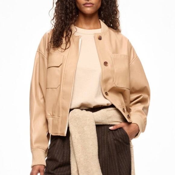3.1 Phillip Lim Faux Leather Bomber Jacket Tan BeigeHidden Button Sz S